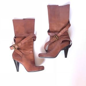 BCBG Real Leather Brown Heeled Boots, 6.5